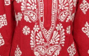 Hand Embroidered Lucknowi Chikan Rayon Kurti in Red and Pink | Randeep Clothing